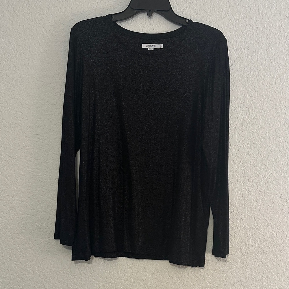 Chico's Black Long-Sleeve Shimmer Crew Neck Top